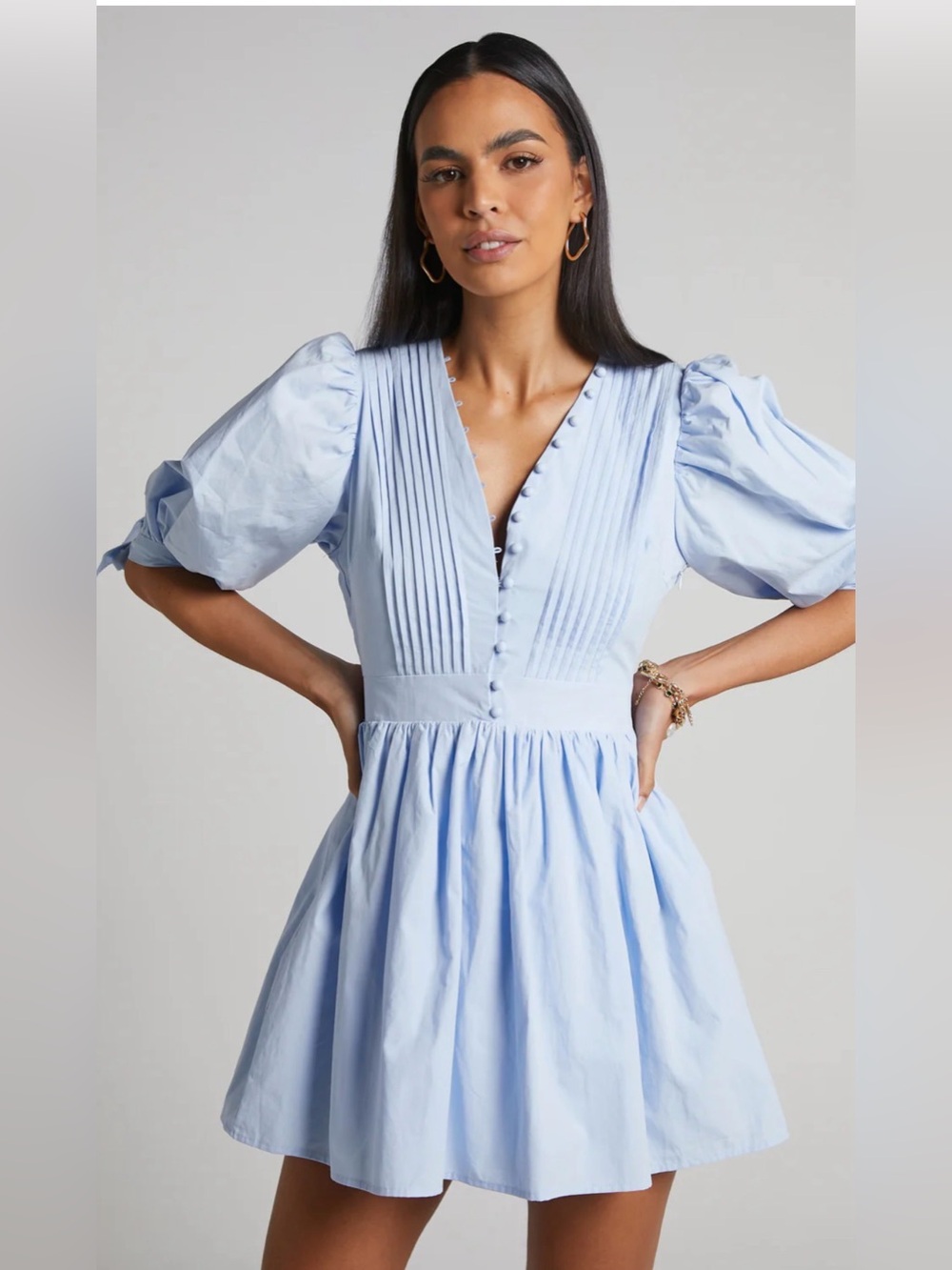 NWT Showpo ZANDRA Icy Blue Puff-Sleeve Poplin Mini Dress size 10